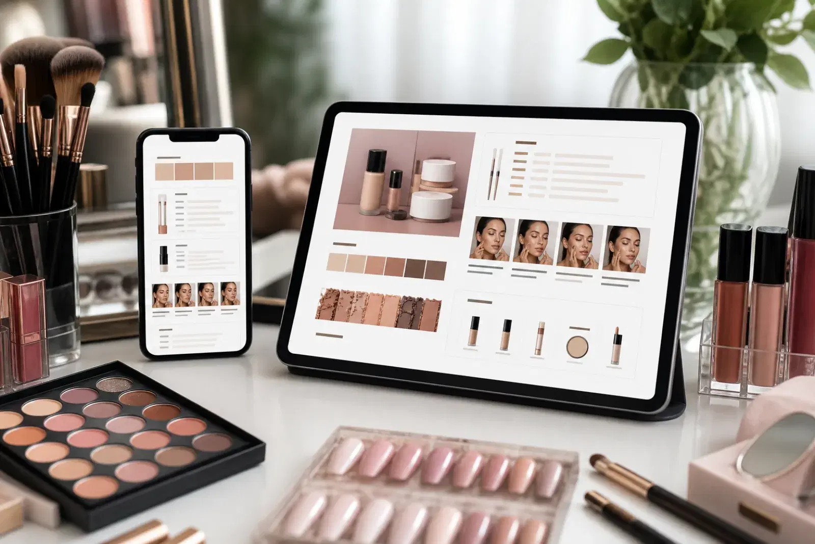 Phone and tablet showing a beauty look guide with product swatches and steps