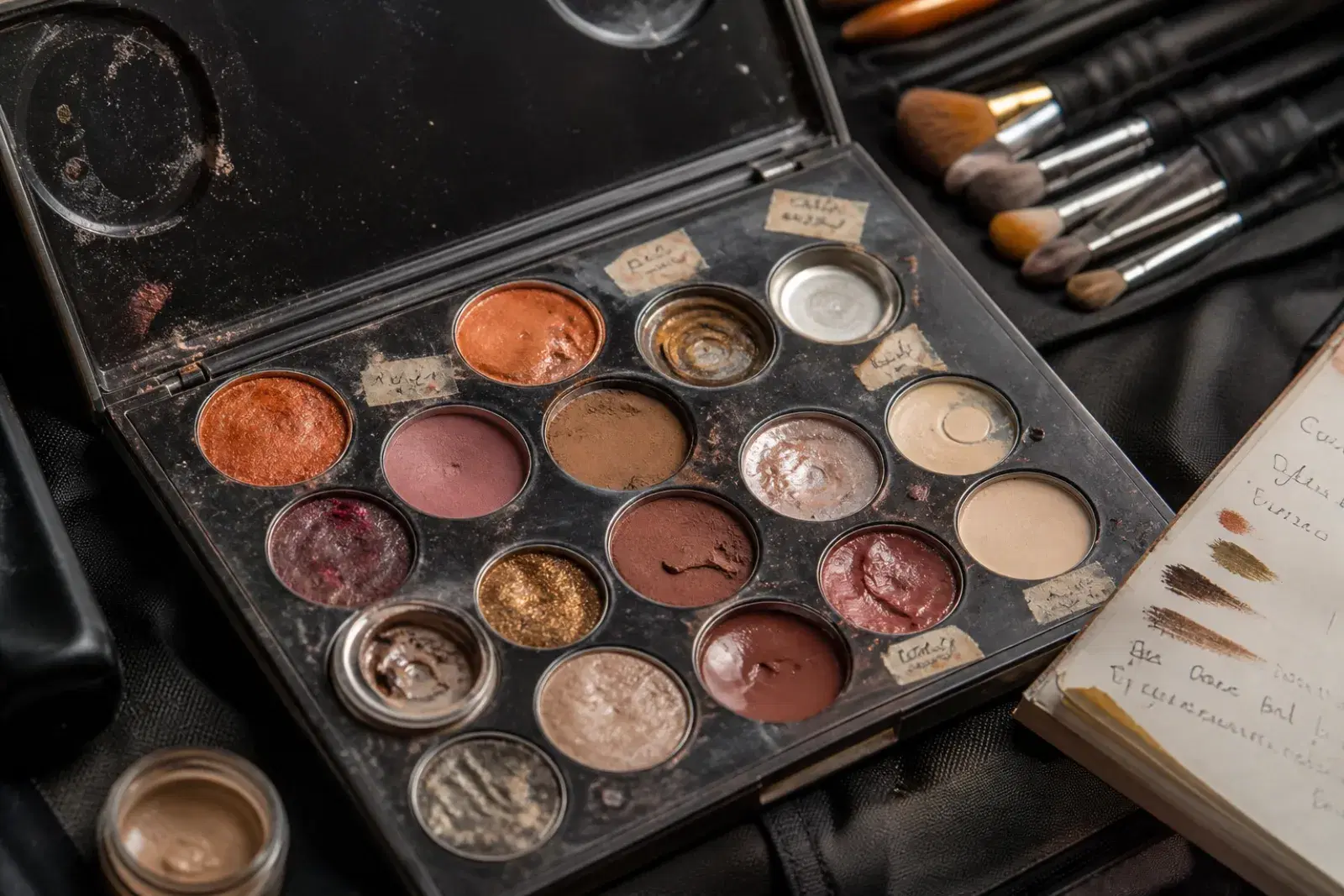 Depotted makeup palette with worn pans and missing shade labels